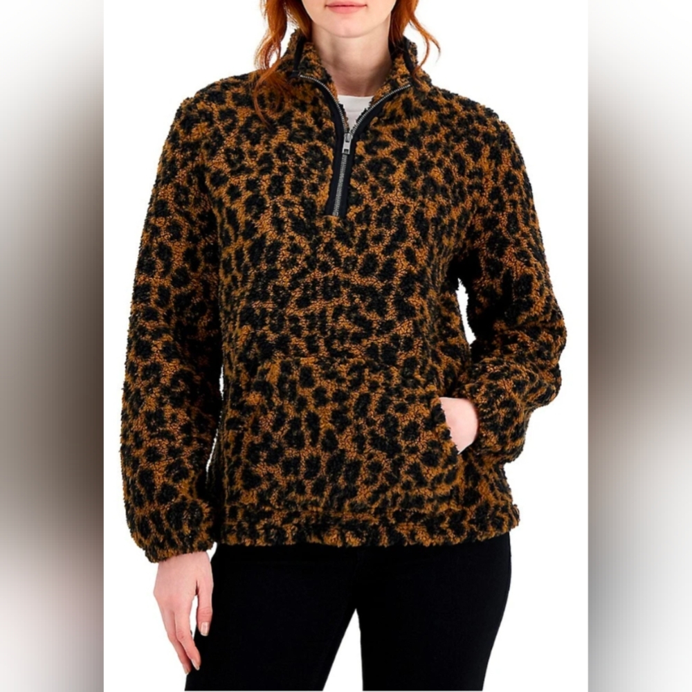 Animal-Print Faux Shearling Half-Zip Sweater
